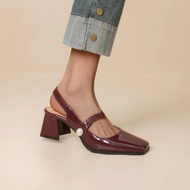 NASBAVI Fashion Women Pumps Slingback Sandals Square Toe Patent Leather Block High Heeled Mary Jane Shoes Ladies Gold Silver
