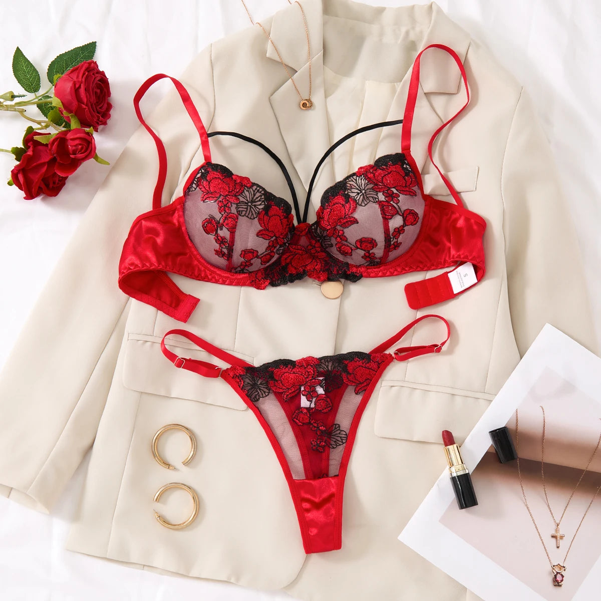 Red Floral Embroidery Satin Mesh Lingerie Set Underwire Bra With Matching Thong Women Sexy Intimates ZA825127