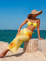 Vintage Yellow Floral Print Bikini Set 2026 Women 3D Flower Pleate Push Up Long Skirt 3 Piece Swimsuit Bathing Suit Swimwear