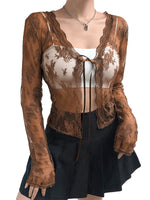 Women Floral Lace Shirts Long Sleeve Front Tie-up Smock Tops Sexy Beach Tops and Blouses Female See Through Cover-ups