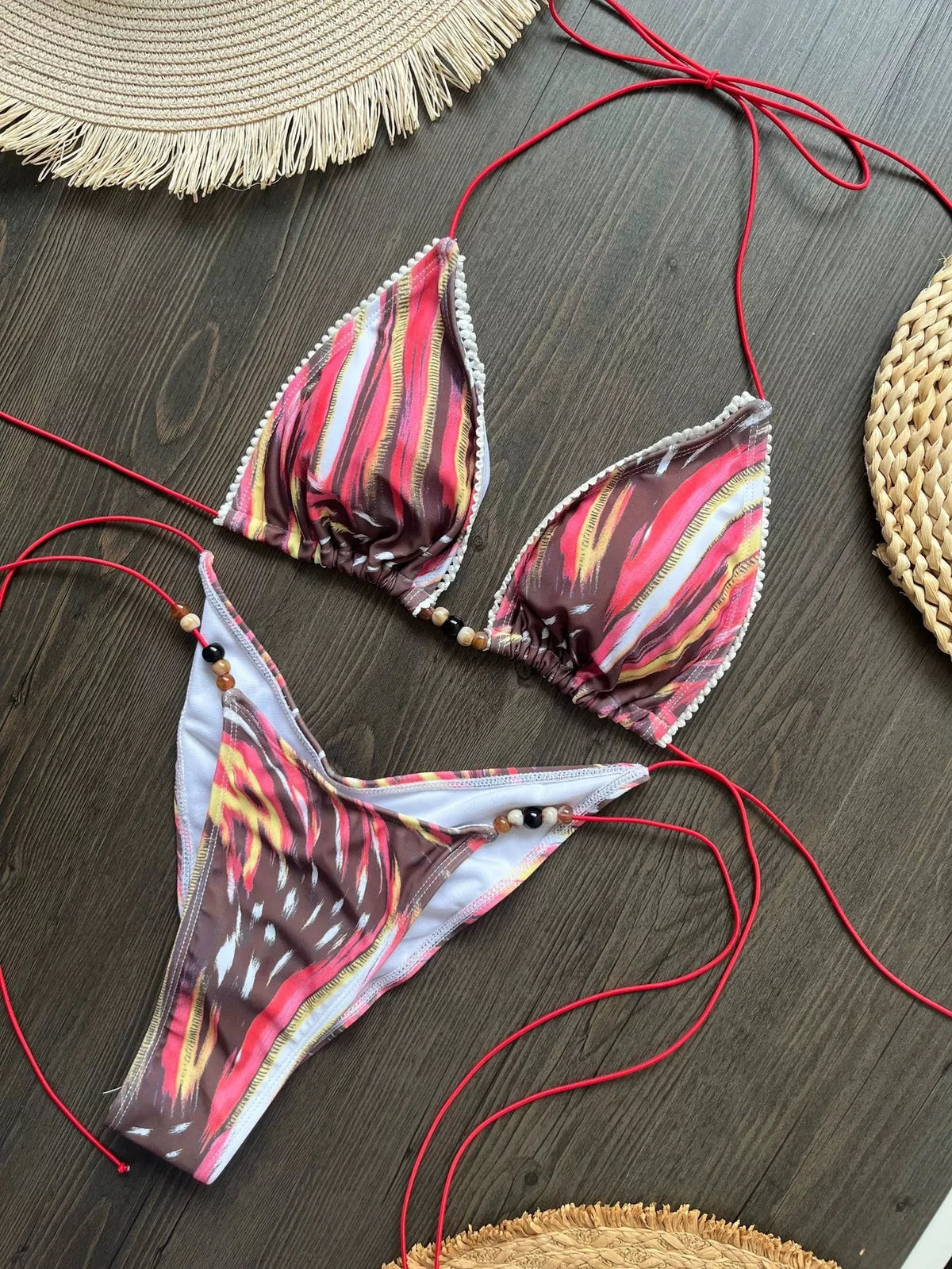 DEKA Tie Dye Bikini Set Pearl Swimsuit Women Pleated Triangle Lace Up Thong Micro Bikini Summer New Sexy Ladies Bathing Suit