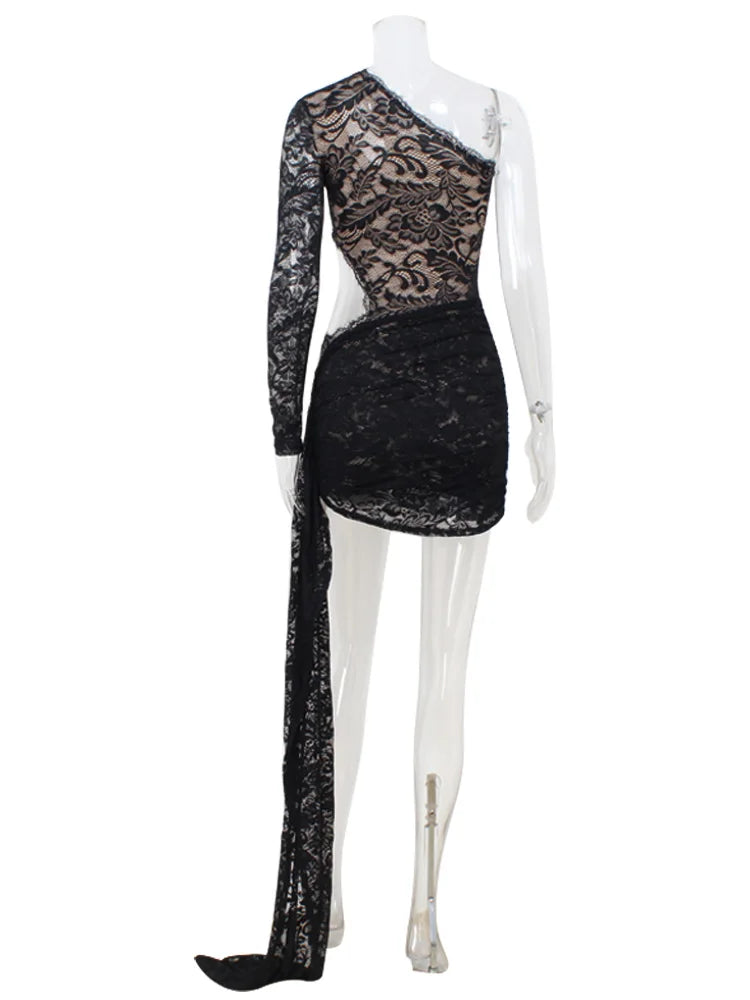 Ahagaga Sexy Sheer Women's Mini Dresses Lace Solid Sheath Long Sleeves One Shoulder Ribbon Sheath Slim Fit Streetwear Vestidos