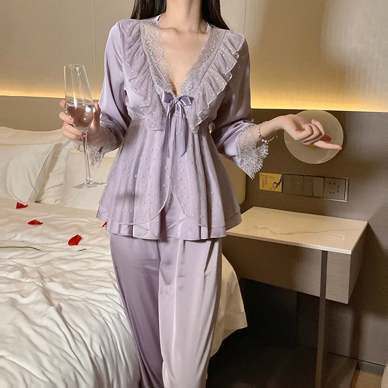 Women's Lace Satin Home Sleepwear Set Deep V Sweet Lace Top and Pants Two Pieces of Home Clothes Big Size White Black Purple