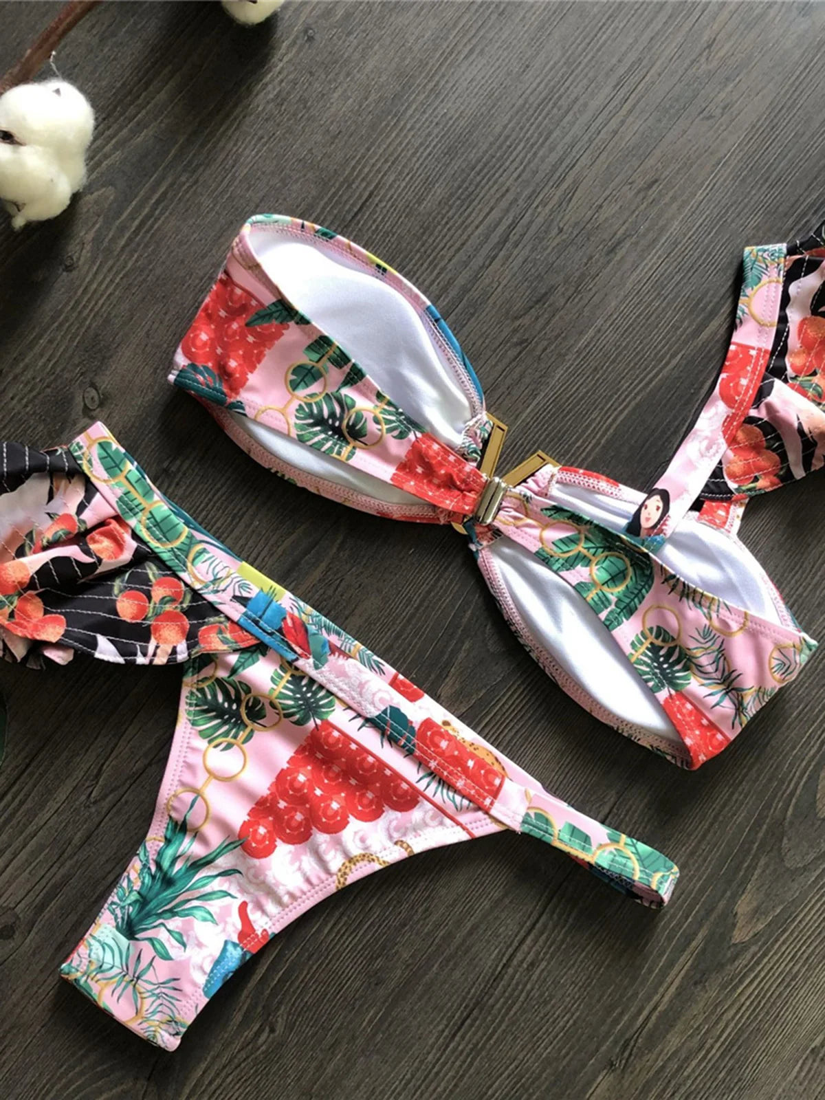 Flower Printed One Shoulder Bikini Women Swimwear Female Swimsuit Frilled Bather Bathing Suit Swim Two-pieces Bikini set K8049