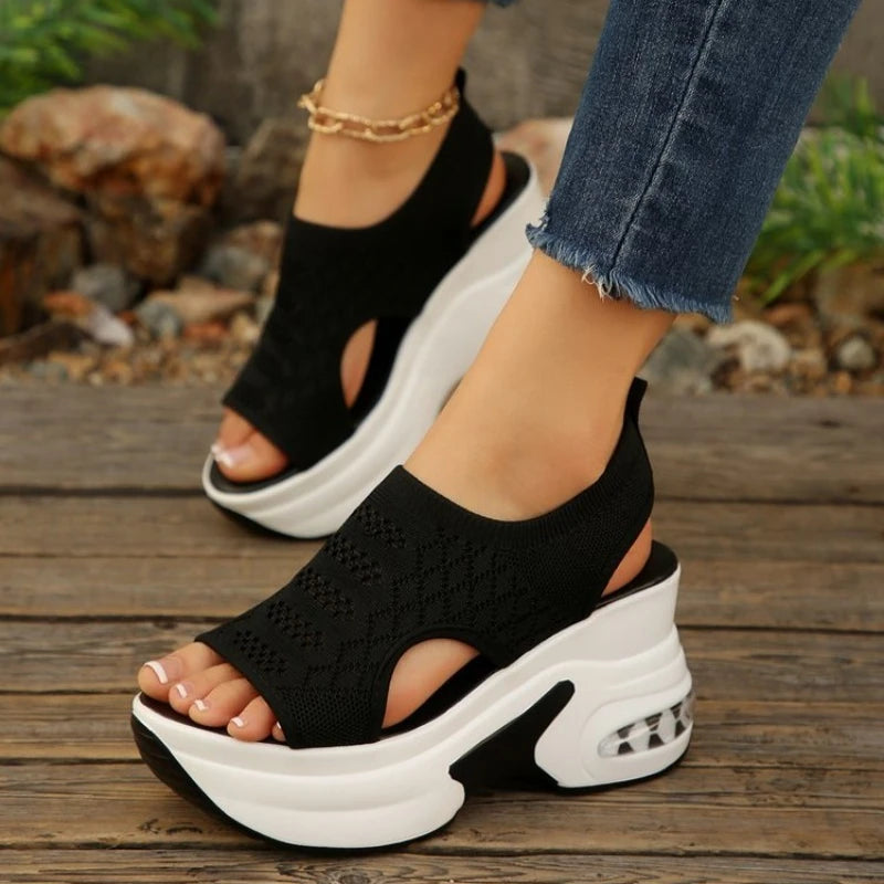 Air Mesh MicrofiberWedge Pumps Platform New Fashion Summer PeepWomen SandalWhite Black