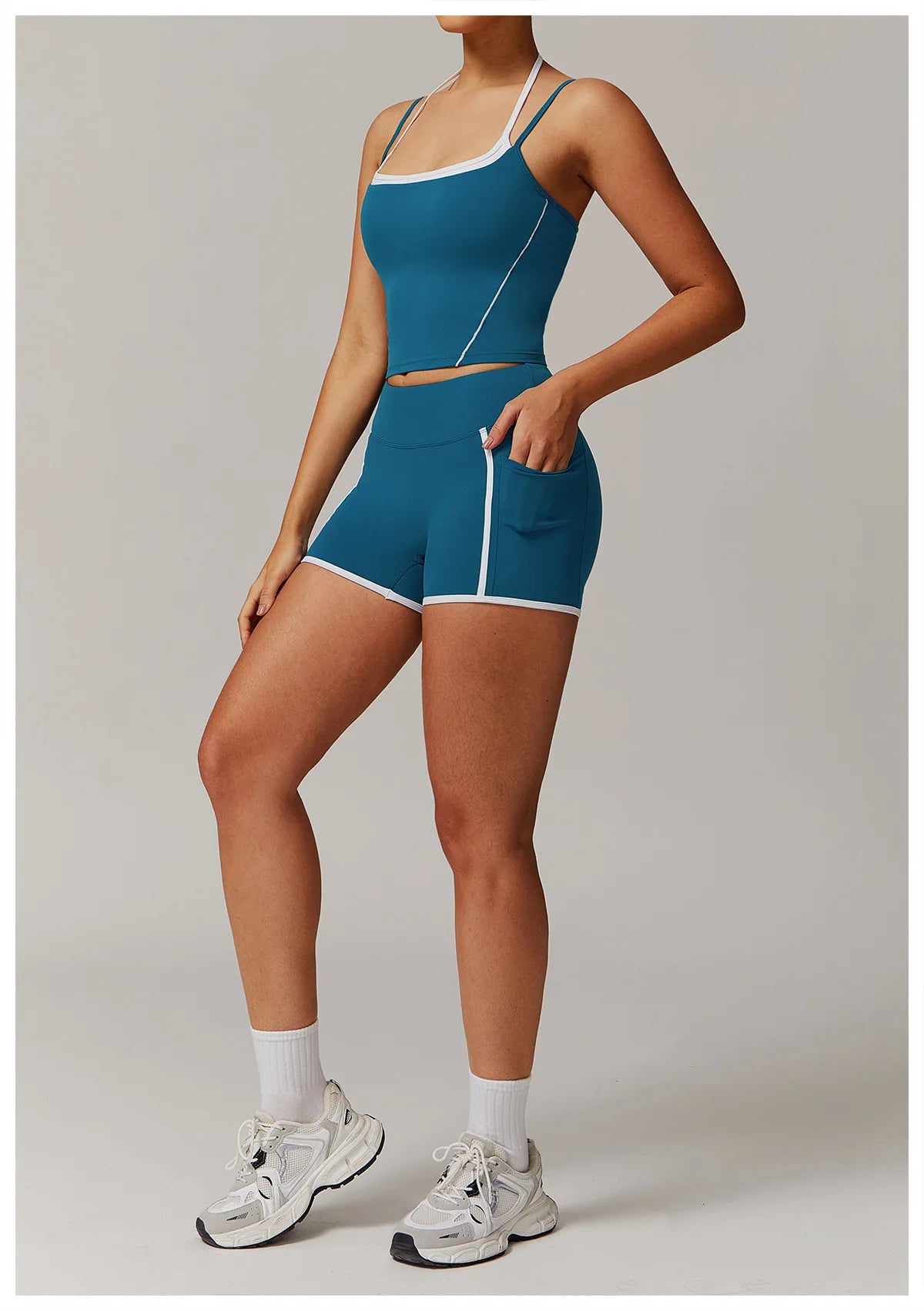 Yoga Shorts Sets Fake Two Piece Hanging Neck Shockproof Vest High Waist Pants Fitness Suit Breathable Women's Tight Sports Set