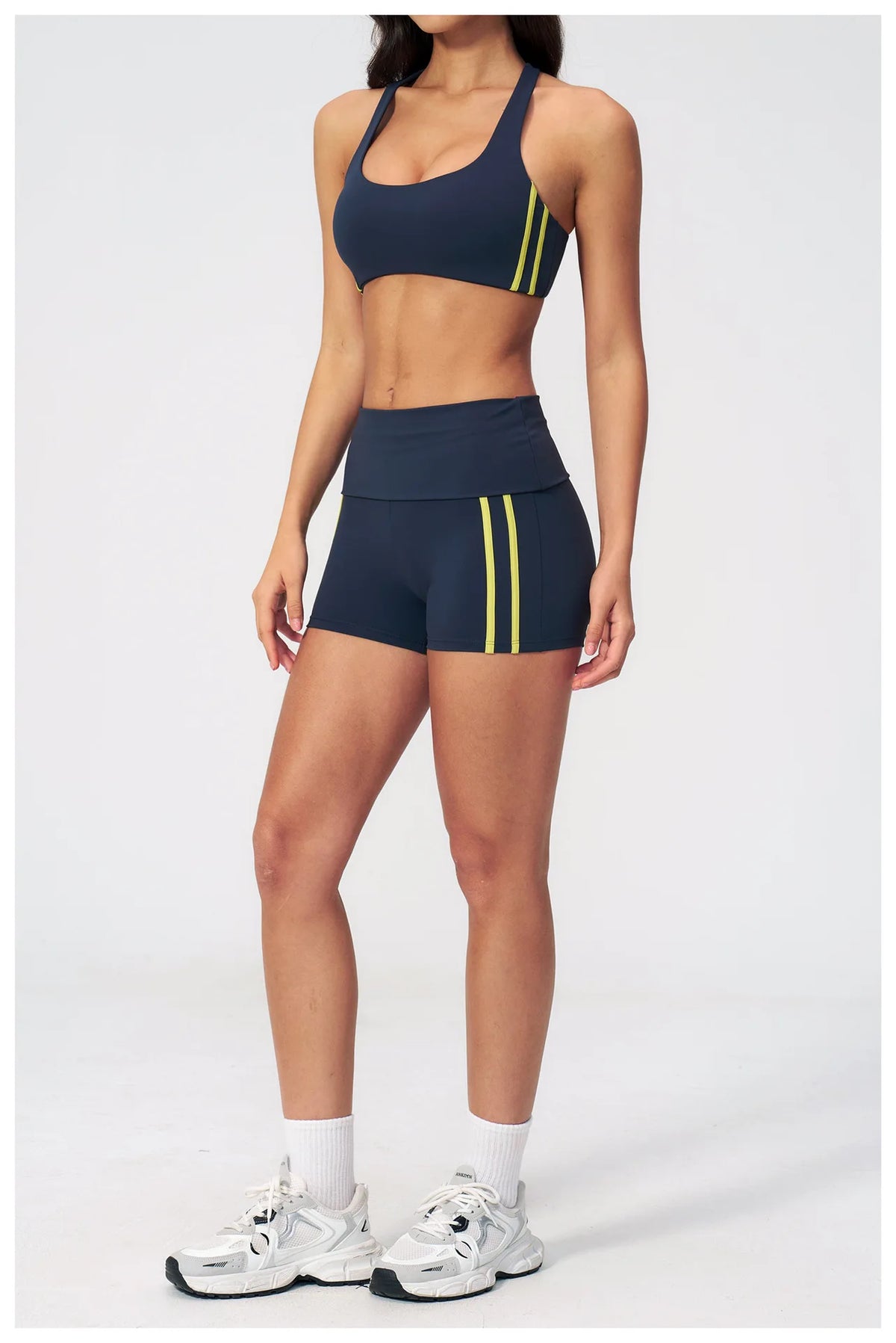 Tight Color Contrast Yoga Suit 2 Pieces Women V Neck Sports Bra Pleate High Waist Shorts Gym Running Fitness Suits Tracksuit