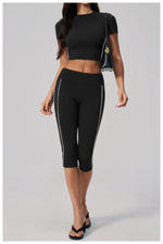Color Blocked Yoga Suit Women Tracksuit Short Sleeve Shock-absorbing Sports T Shirts High Waist Pants Gym Running Fitness Suits