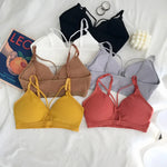Women Ribbed Knit Bra Front Cutout V Neck Wireless Bralette Fixed Thin Spaghetti Straps Underwear Skin-Friendly Cotton Inner Top