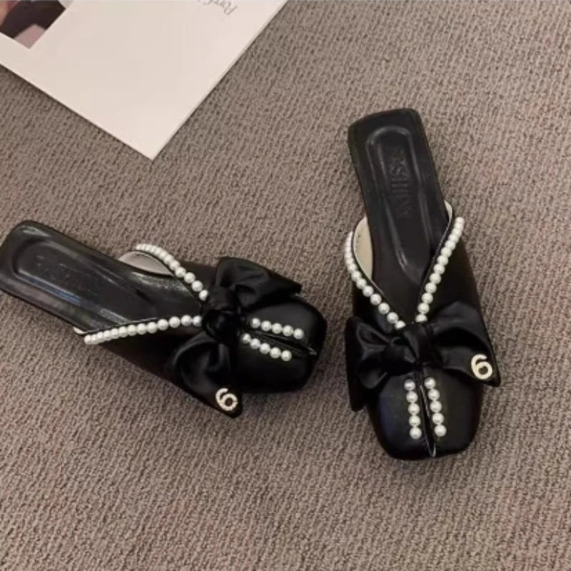 Pearl Slides With Bow Woman Slippers New Collection Original Style Shoes for Women Unique Waterproof Chic and Elegant