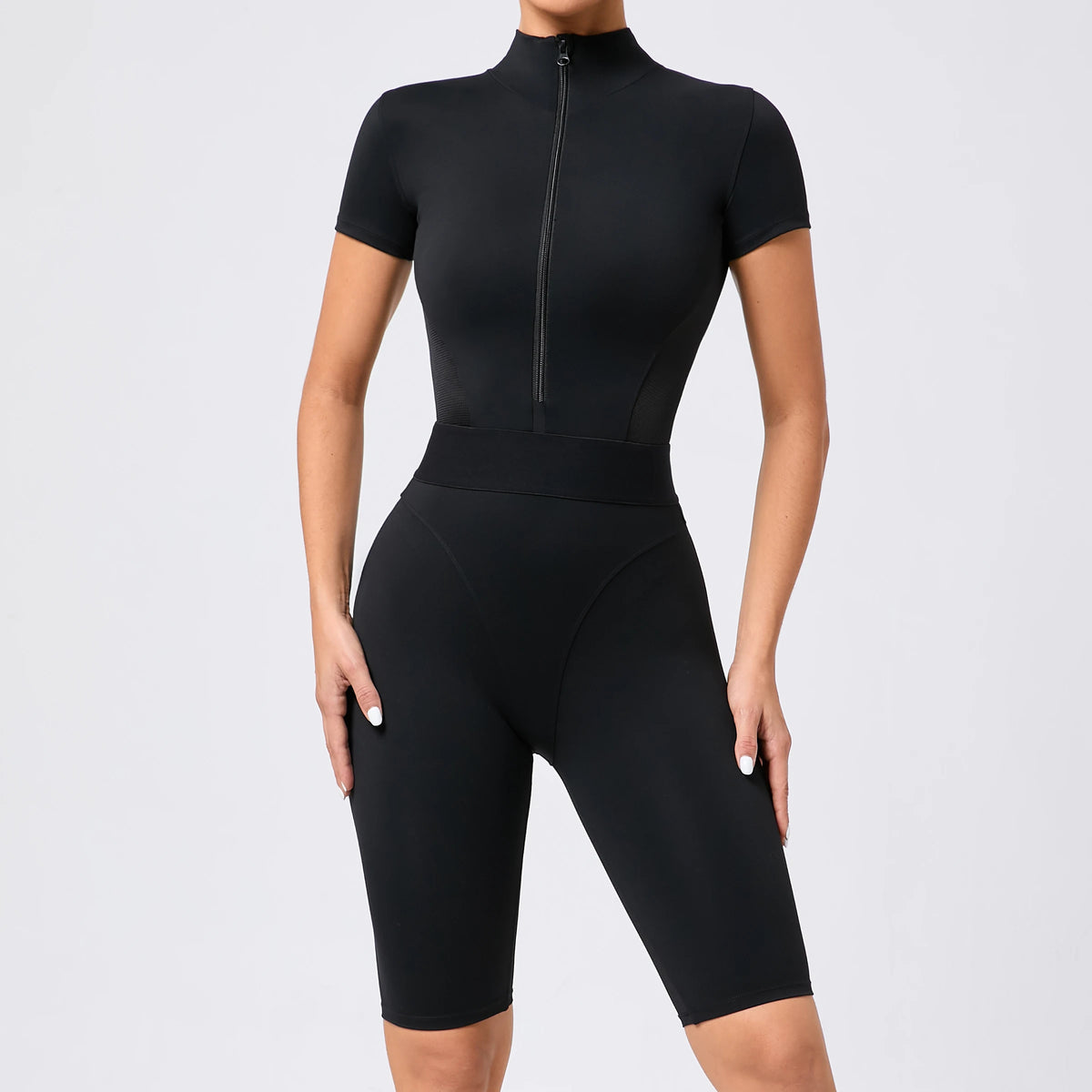 Women's One-Piece Suit Zipper Short Sleeve Gym Push Up Workout Clothes Fitness Short Bodysuit Sportswear Jumpsuits