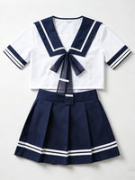 Women Sailor Collar Two-Piece Set Navy White Bow Decor Chiffon Fabric Casual Homewear Cosplay Costumes Daily Party Themed Event