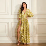 Women Bohemian Holiday Beach Long Dress 3/4 Sleeve V Neck Floral Print Loose Summer Casual Swing Dresses