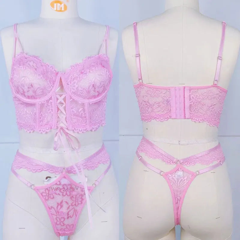 Women Intimates Sexy Bra & Panties Underwear Set Lace Splicing Perspective Sexy Lingerie Erotic 2-Piece Bra + Panty Set