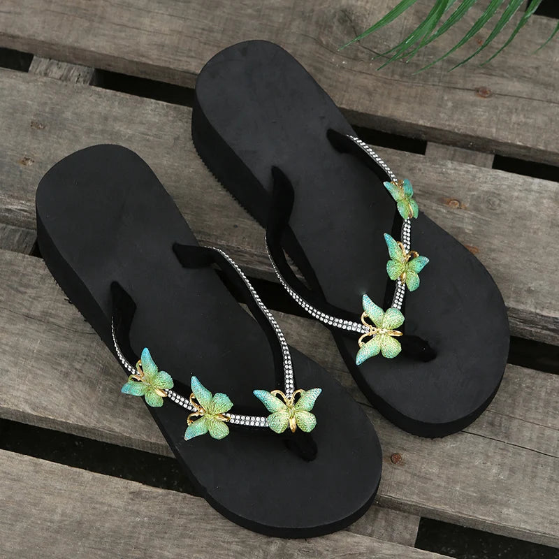 Luxury Crystal Butterfly Wedge Heel Flip Flops Women Fashion Clip Toe Thick Bottom Slippers Woman Summer Beach Non Slip Slides