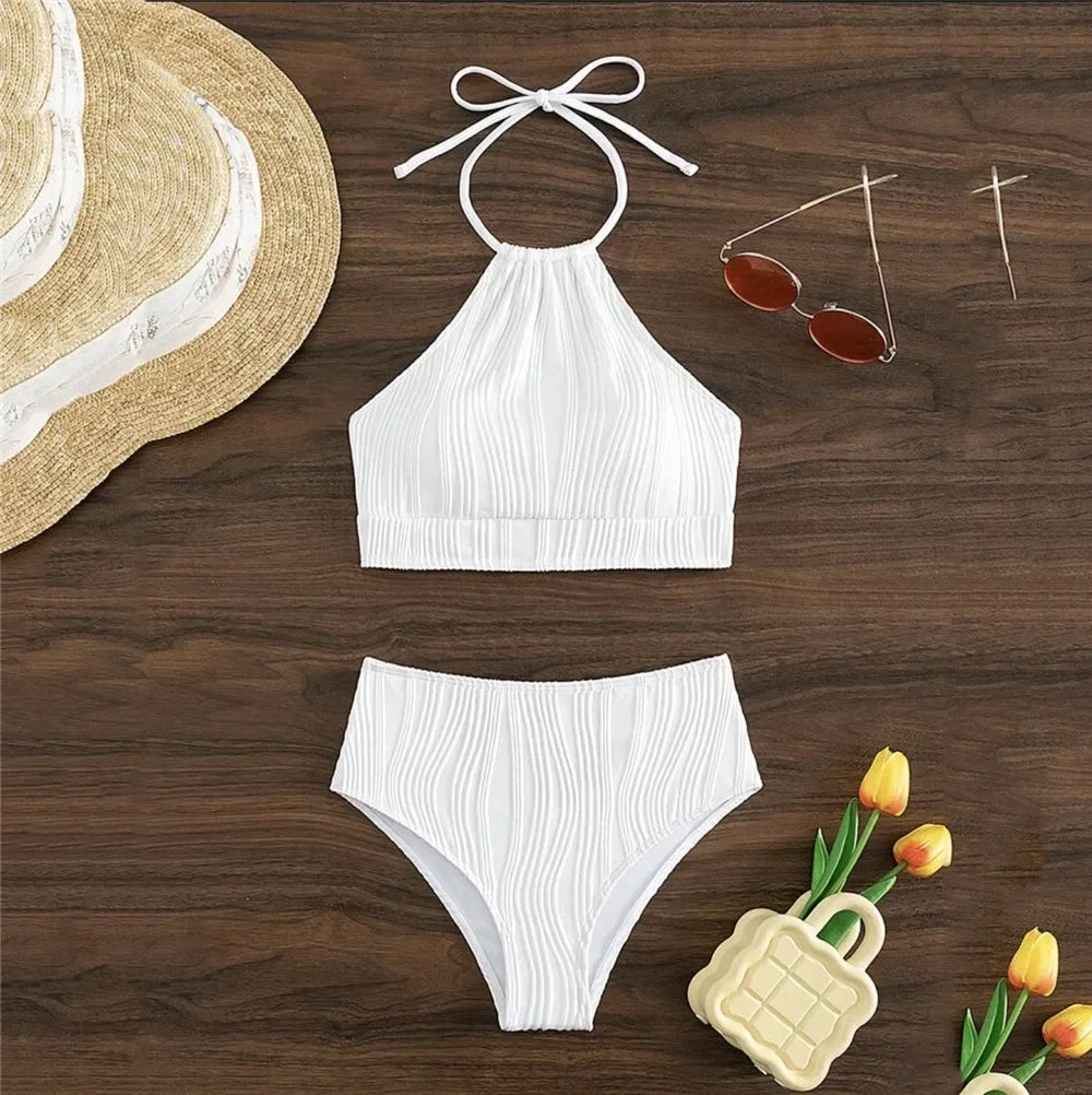 Sexy White High Waisted Bikini Set Women Ribbed Swimwear Push Up Swimsuit Halter Backless Crop Top Back Hollow Out Bathing Suit