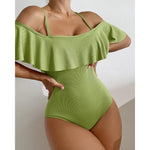 2025 New Sexy Off The Shoulder Solid Swimwear Women One Piece Swimsuit Female Bathing Suit Ruffle Monokini Swim Wear XL