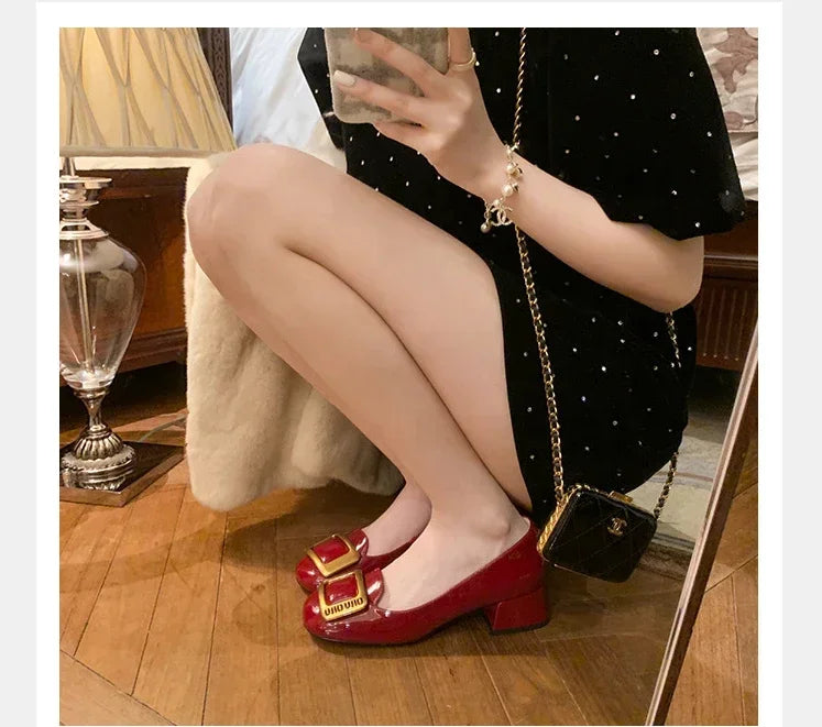 Women Pumps Fashion Square Heel Sexy High Heels Wedding Shoes Ladies Round Toe Metal Buckle Party Chunky Shoes Zapatillas Mujer