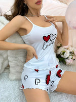 Women's Sleepwear Comfortable Relaxed Fit Pajama Set Round Neck Backless Cami Top with Heart Print Shorts
