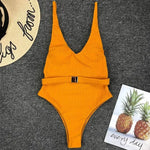 V Neck Ribbed High Cut Women Swimwear One Piece Swimsuit Female Backless Monokini with Waist Belt Bathing Suit Swim Beachwear