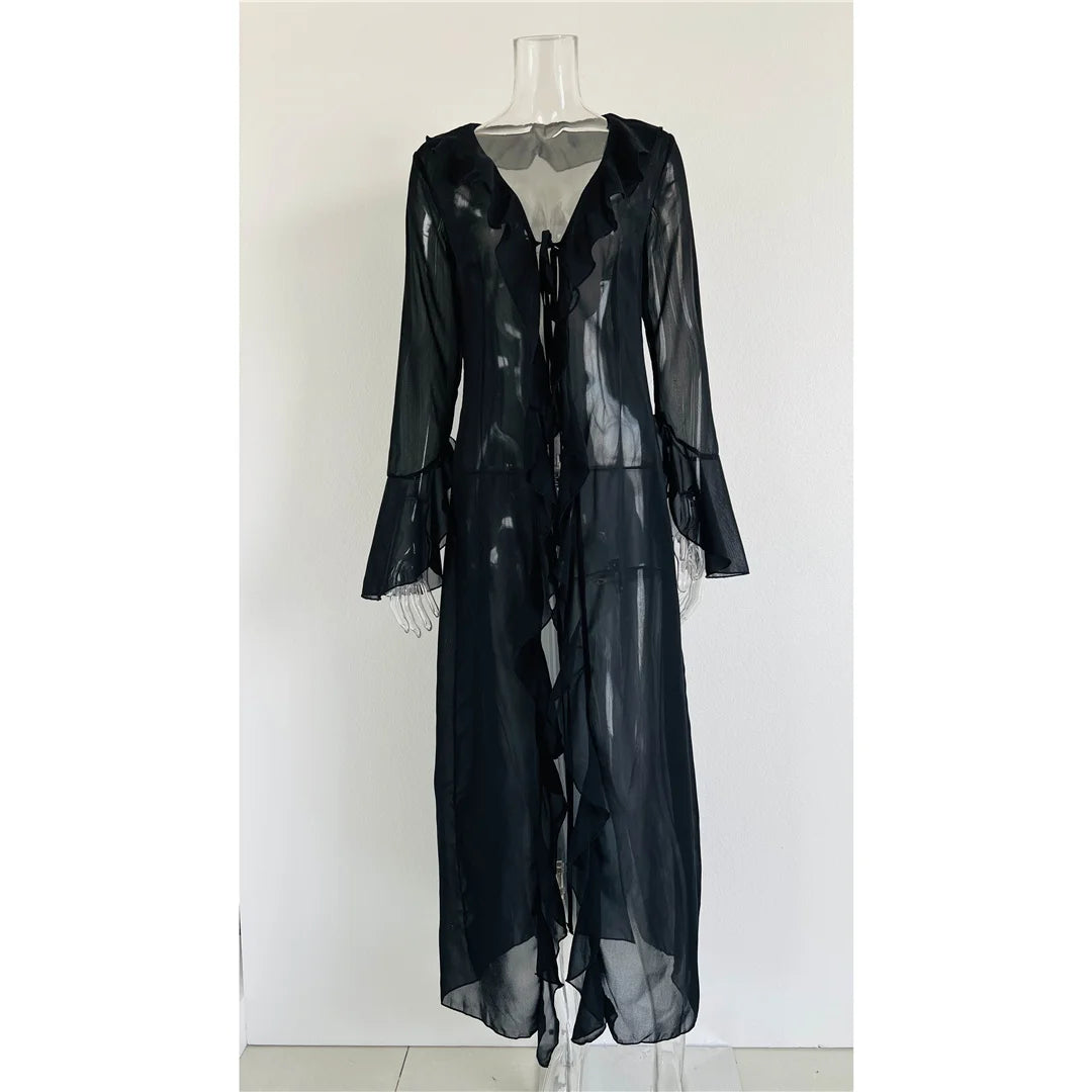 New Sexy V Neck Ruffled Long Sleeve Chiffon Tunic Beach Cover Up Cover-ups Beach Dress Beach Wear Beachwear Female Women V5976