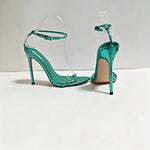 Women's Metallic Green Ankle Strap Stiletto Sandals - Pointed Toe High Heels for Party, Summer & Evening Dress