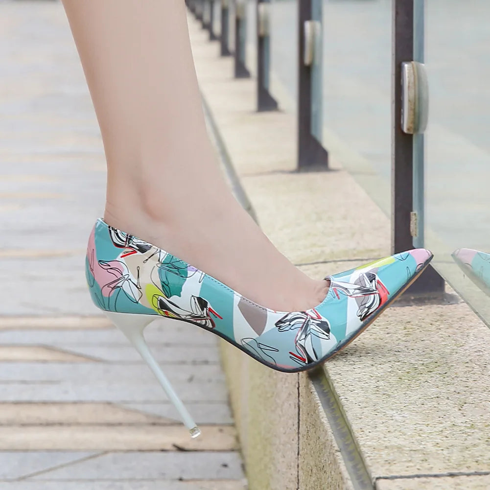 Women Heels Graffiti Colorful Bridal Shoes Women Pumps Sexy High Heels Pointed Toe Party Wedding Shoes Stiletto Plus Size 35-46