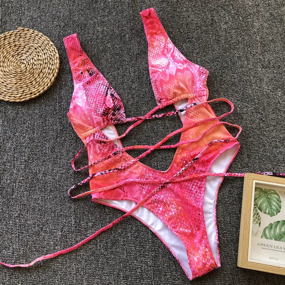 6 Colors New Sexy One Piece Swimsuit Swimwear Women Leopard Snakeskin Print Hollow Cross Straps One-piece Bathing Suit Beachwear