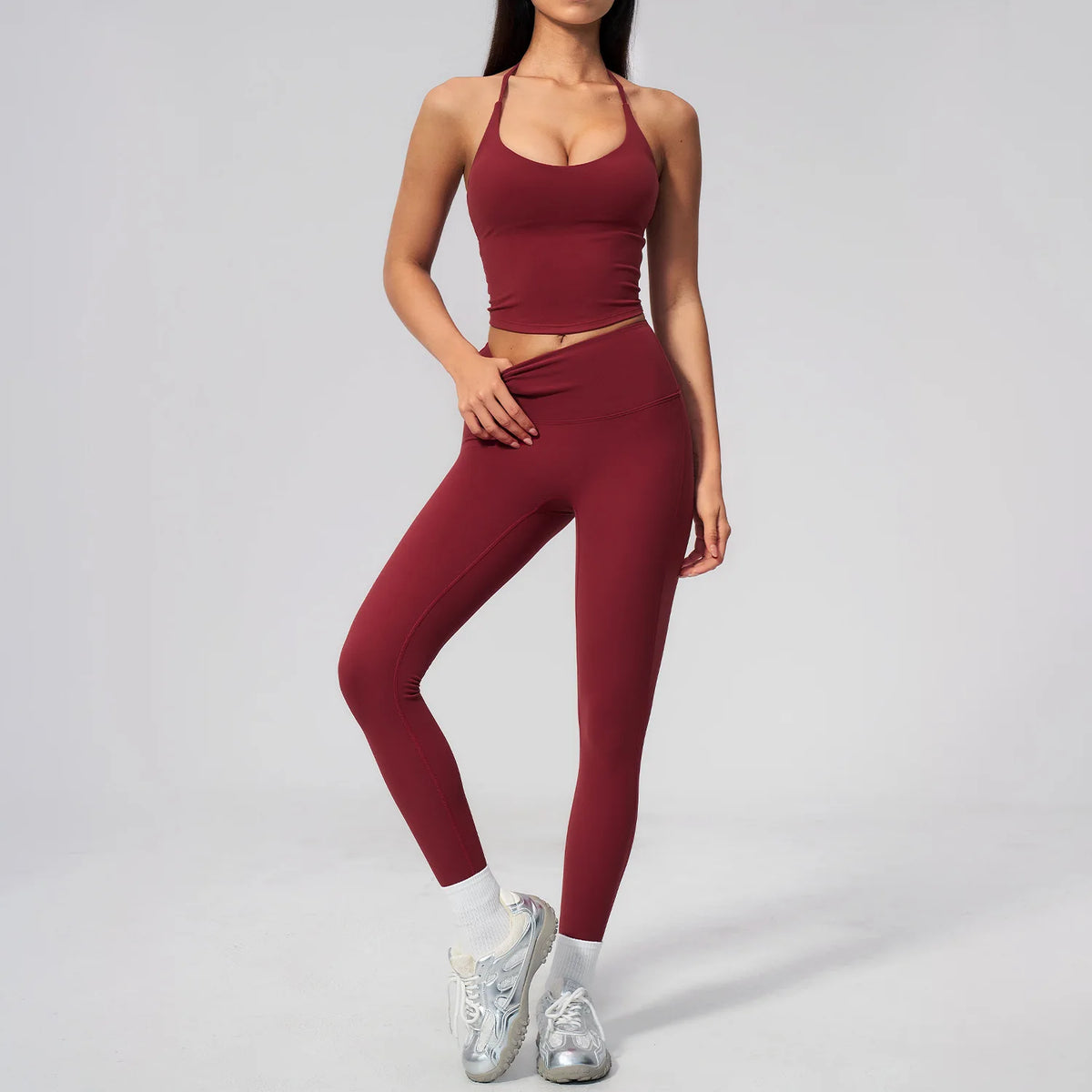Women Tracksuit 2PCS Seamless Yoga Sets Hanging V Neck Slim Sports Tank Top Fitness Outfits Gym Running High Waist Leggings Suit