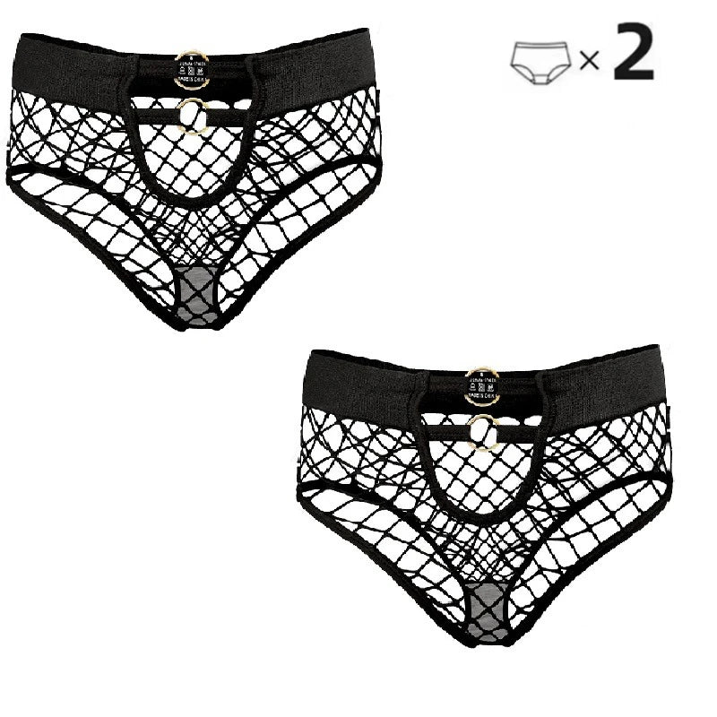 2pcs Sexy Women's Panties BriefsElasticity Underwear Mid Waist Fishnet Lingerie Ladies Hollow Out Transparent Underpants