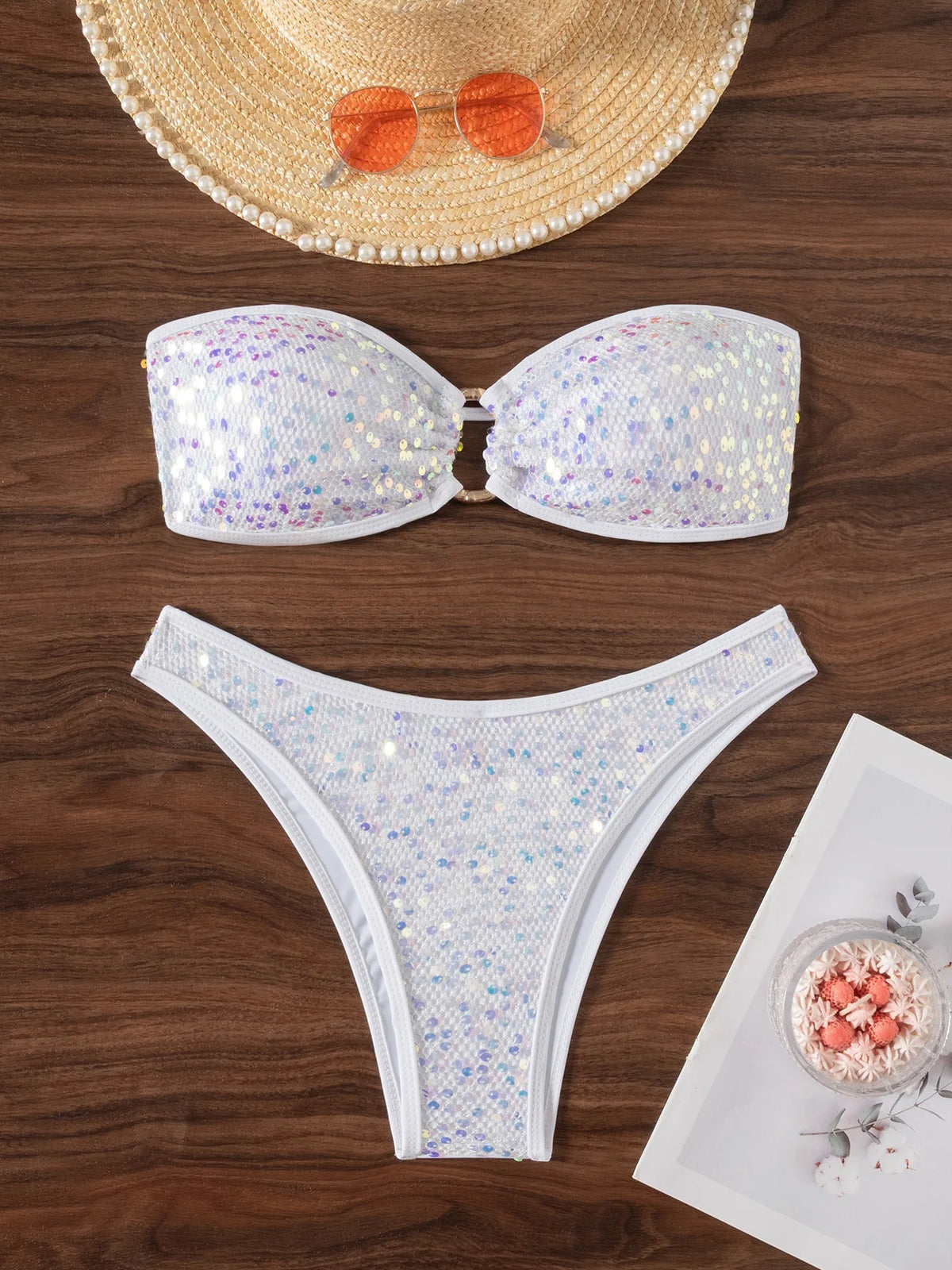 Shiny Sequin Bandeau Bikini Set 2026 Women Sexy Gold Front Circle Push Up Micro Swimsuit Bathing Suit Thong Swimwear Biquini
