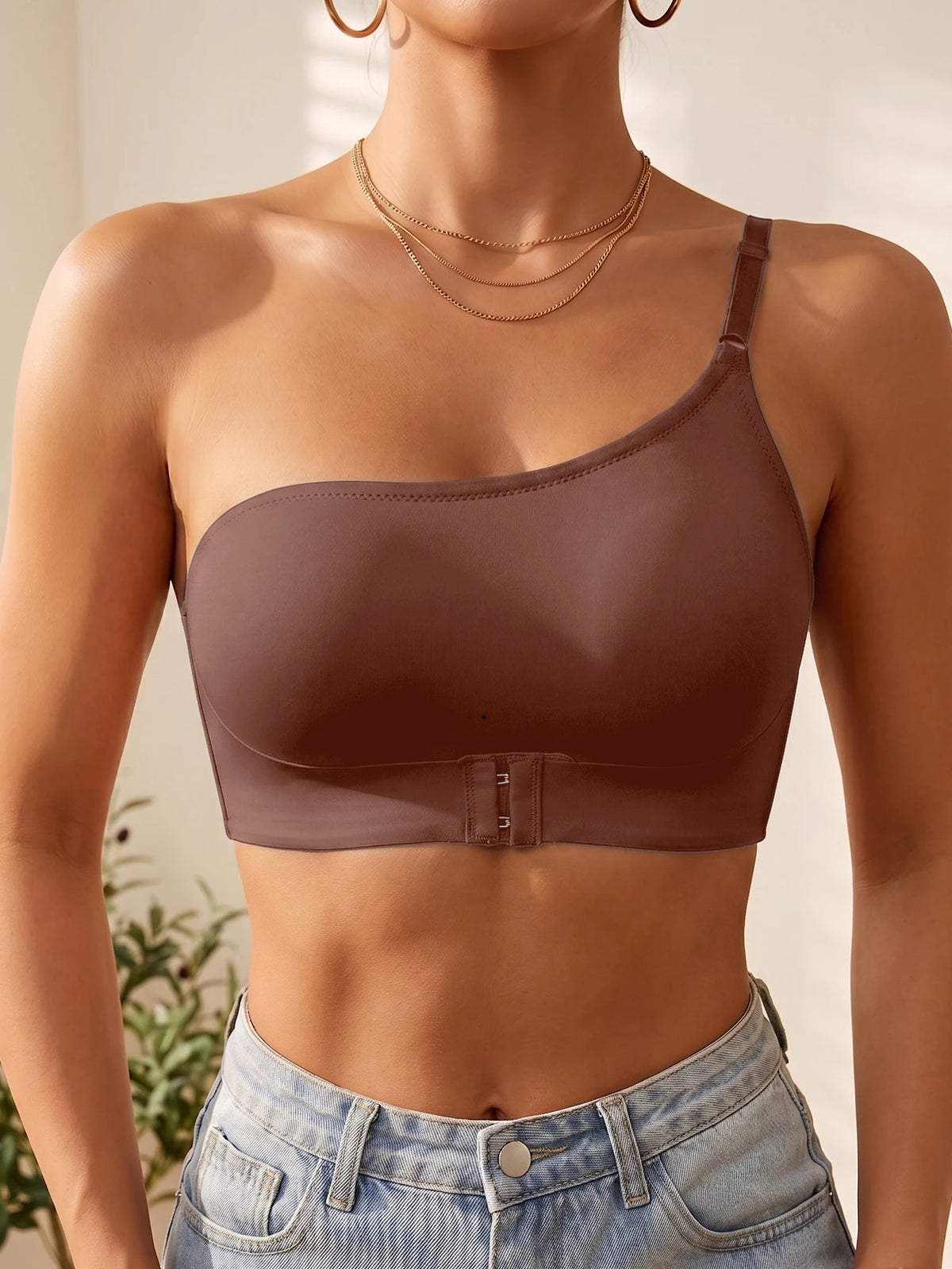 Solid Women's One Shoulder Seamless Bra Front Closure Thin Breathable Comfort Wireless Lingerie