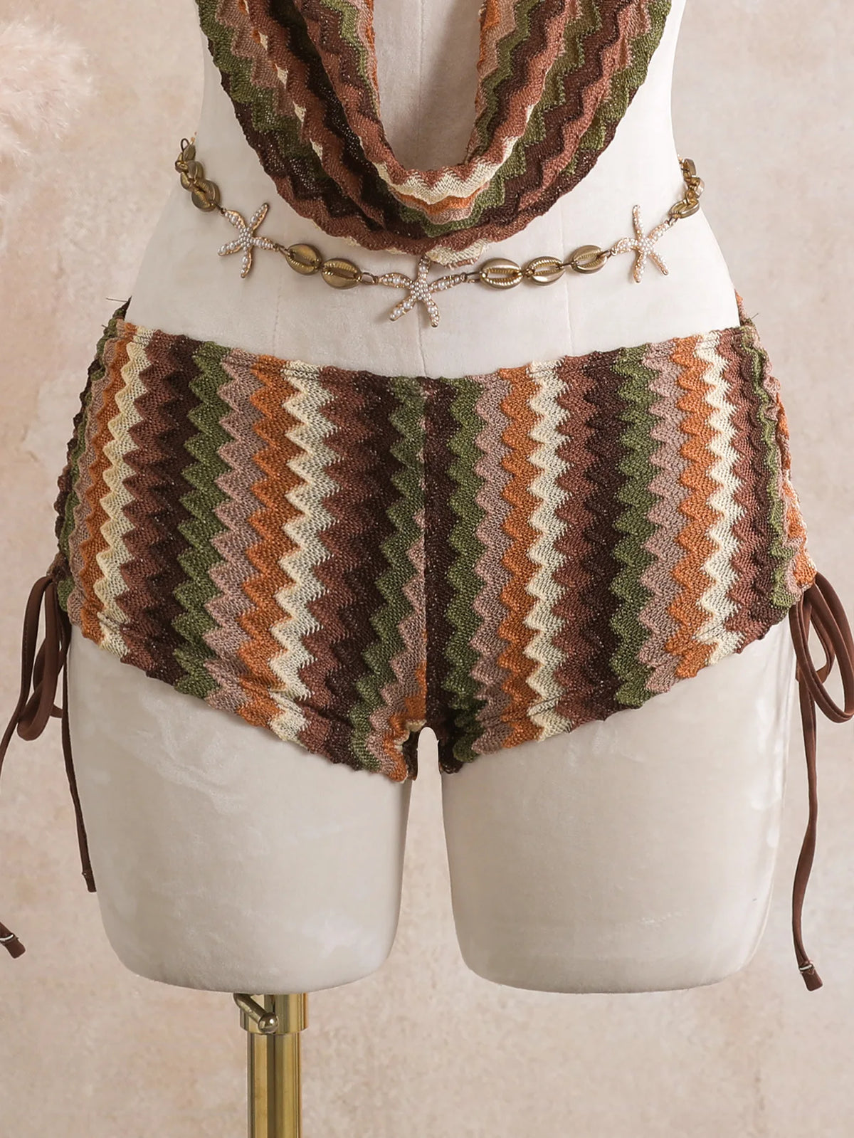 Vintage Blue Striped Knitted Cover Up 3 Piece Bikini Set 2026 Swimwear Women Push Up Bra Drawstring High Waist Shorts Swimsuit