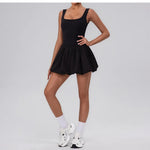 Summer One-piece Tennis Dress Women Fitness Fake Two-piece with Inner Separate Shorts Pockets Sleevesless Sports Pleated Skirt