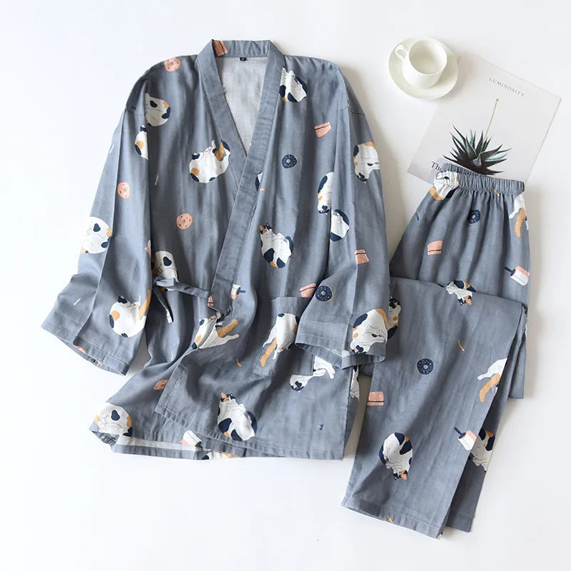 New Japanese-style Kimono Two-piece Couple Pajamas Cover Men and Women Pure Cotton Gauze Cute Kitten Thin Home Service Plus Size