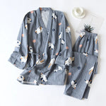 New Japanese-style Kimono Two-piece Couple Pajamas Cover Men and Women Pure Cotton Gauze Cute Kitten Thin Home Service Plus Size