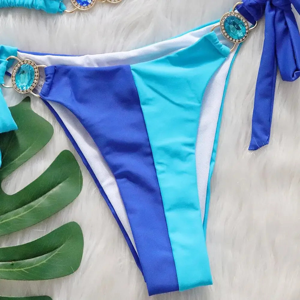 Splicing Halter Jewelled Diamond Bikini 2025 Women Swimsuit Female Swimwear Two Pieces Bikini Set Hollow Out Bathing Suit Swim