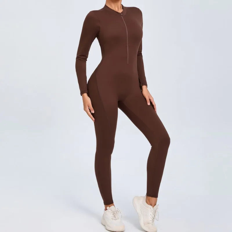 Women's Seamless Yoga Bodysuit Long Sleeve Zipper & Back Cutout Naked Feeling Quick-Dry Running Fitness Workout Jumpsuit