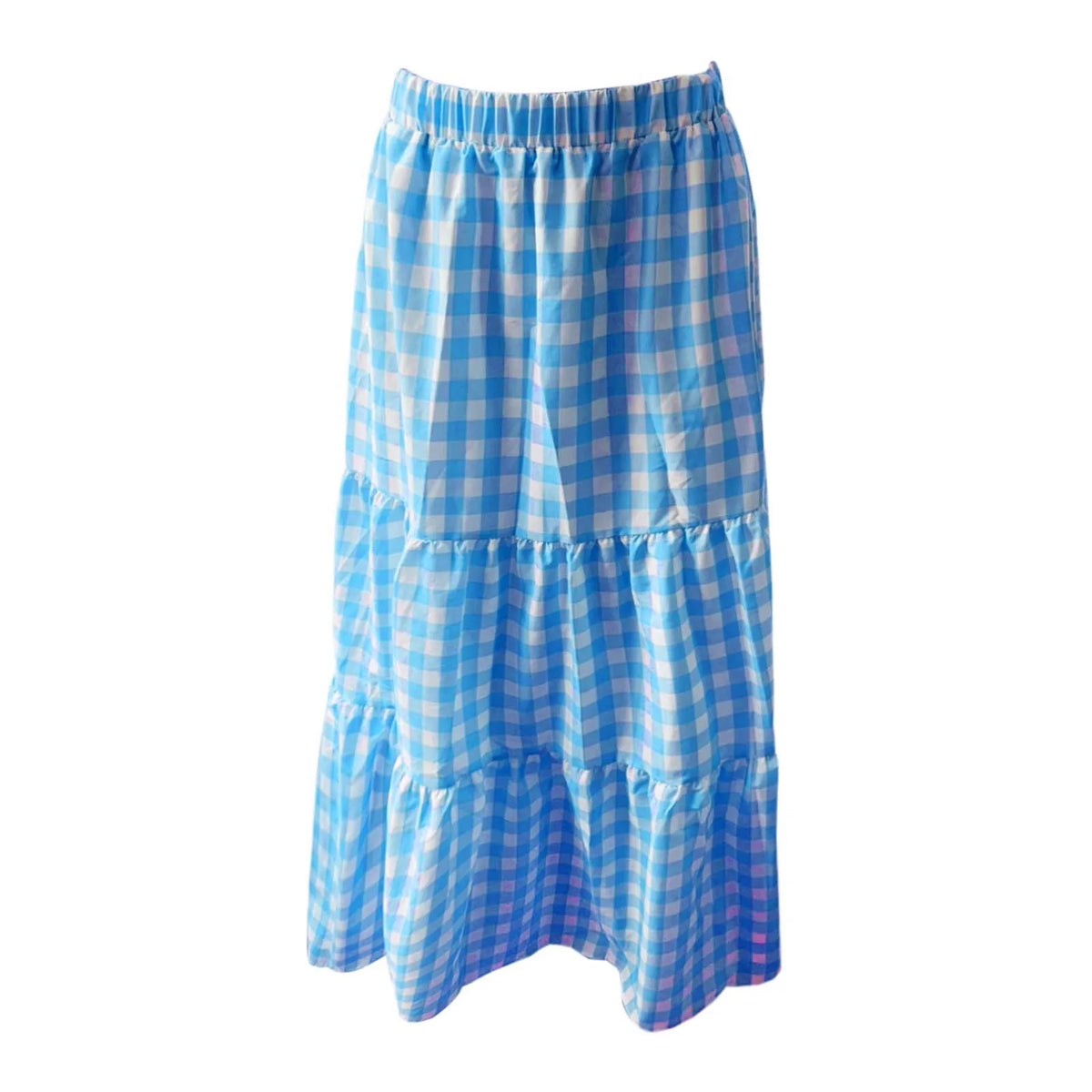 2026 Summer Vintage Checkered Maxi Skirt Women High Waisted Elastic Plaid Ruffle Long Skirts Retro Sweet Cake ALine Skirts