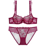 Sexy Hollow Push Up Bra Set French Ultra Thin Lace Embroidery Women Underwear Burgundy Breathable Temptation Plus Size Lingerie
