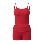 Women 2 Piece Outfits Sleeveless Low Cut Tank Tops Foldover Shorts Sets Summer Daily Casual Fitness Street Solid Color Knit