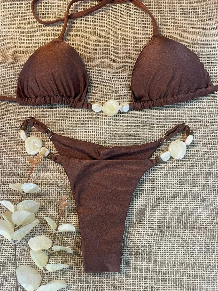Shiny Halter High Cut Beads Bikini Women Swimwear Female Swimsuit Two-pieces Bikini Set Bather Bathing Suit Swim Lady Beach Wear