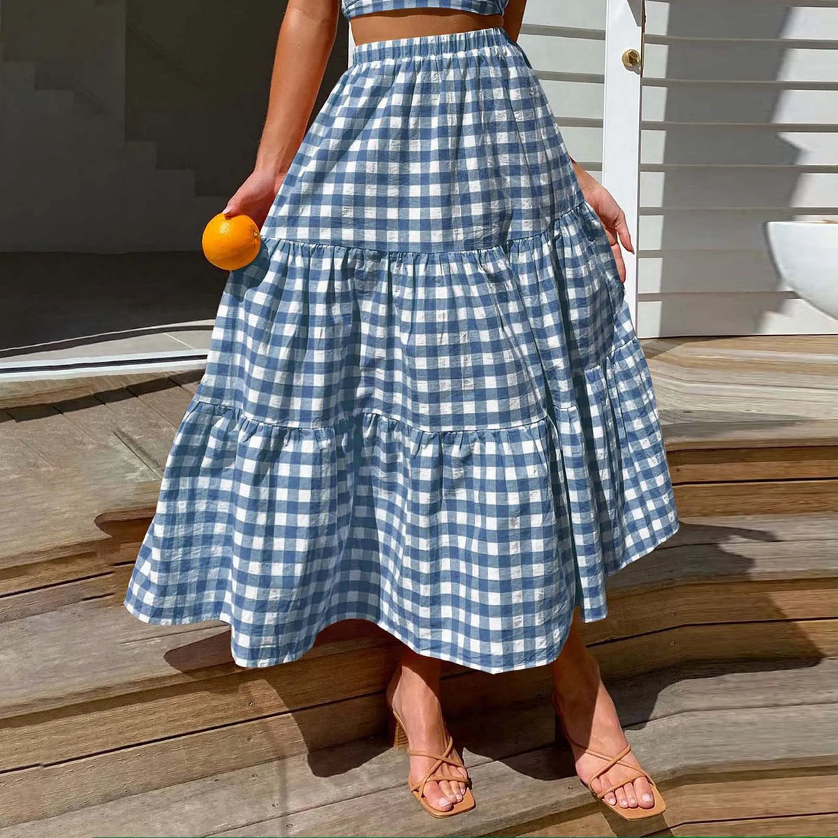 2026 Summer Vintage Checkered Maxi Skirt Women High Waisted Elastic Plaid Ruffle Long Skirts Retro Sweet Cake ALine Skirts
