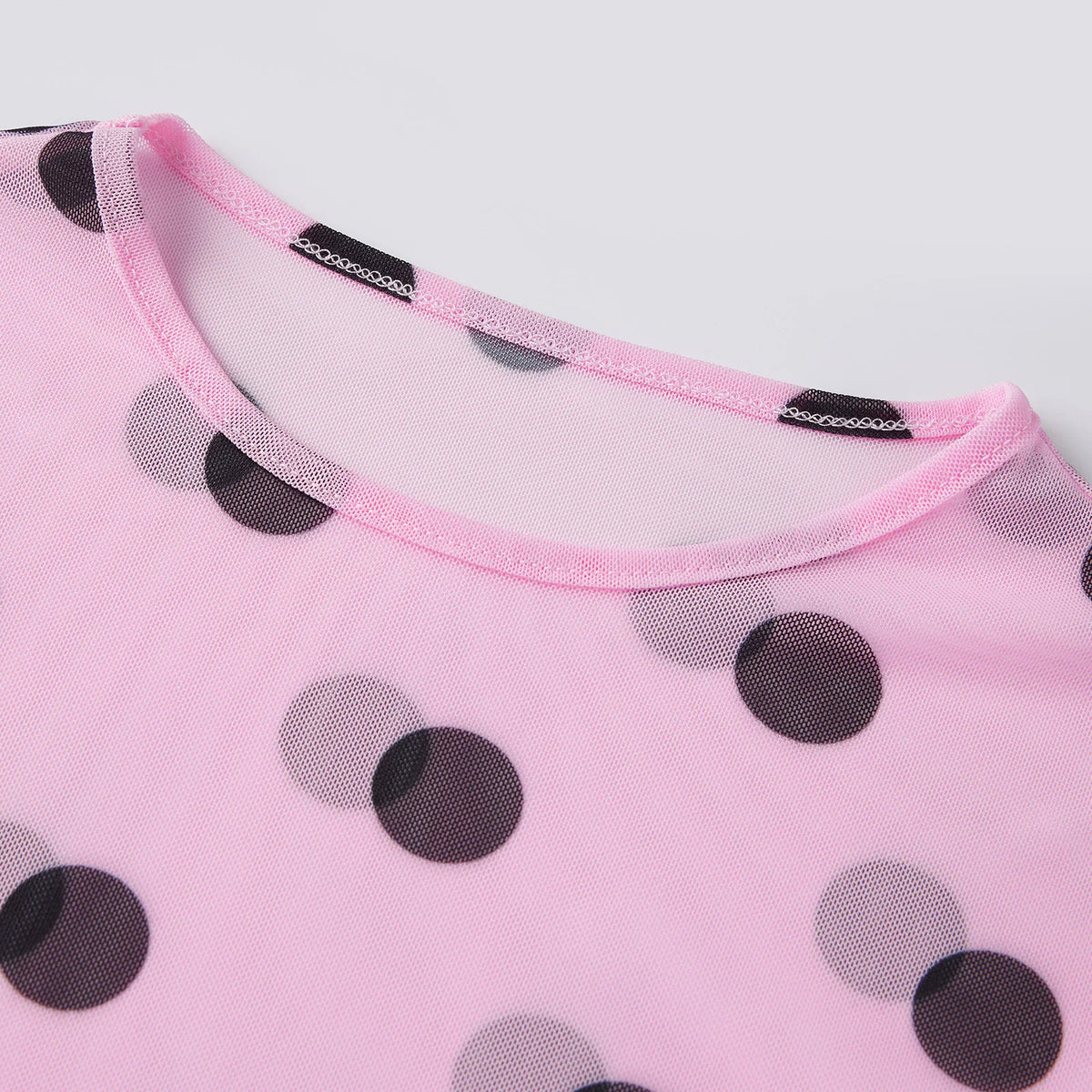 Women’s Spring Summer Crew Neck Mesh T-Shirts Long Sleeve Dots Print Slim Fit Transparent Classic Tops