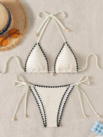 Sexy White Contrast Bikinis Sets 2026 Women Shell Ornament Push Up Tie Side Thong Swimsuit Summer Bathing Suit Micro Swimwear