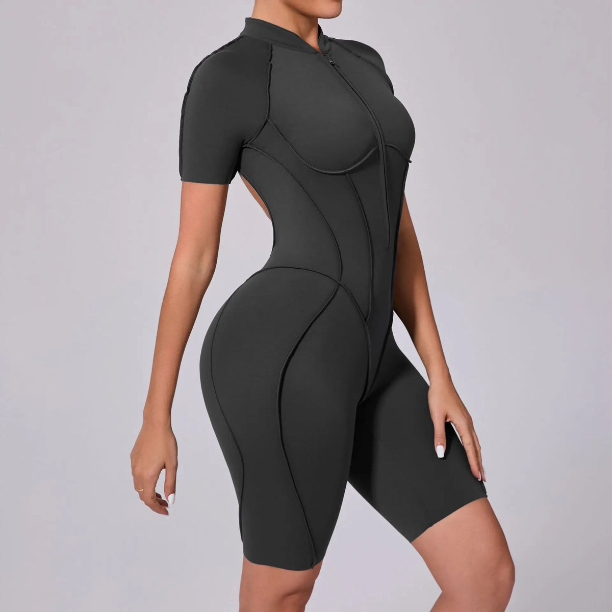 Summer Zipper Short Sleeve Yoga Jumpsuit Women Outerwear Sports Fitness Hip-lifting Backless One-piece Workout Gym Tracksutis