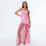 Women’s Tube Top Dress Bohemian Printed Strapless Mesh High Slit Long Dress Summer Evening Party Beach Sexy Club Dresses Summer