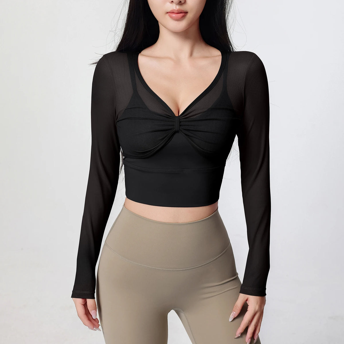 Women Mesh Long Sleeve Crop Yoga Top V Neck Twist Front Built-in Bra Quick Dry Breathable Workout Running Sports Shirt