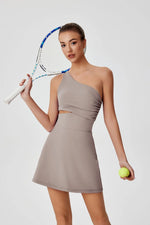 Sexy Hollow Waist Tennis Dress Women One Shoulder Pleate Sleeveless Built in Bra with Inner Separate Shorts Yoga Golf Dresses