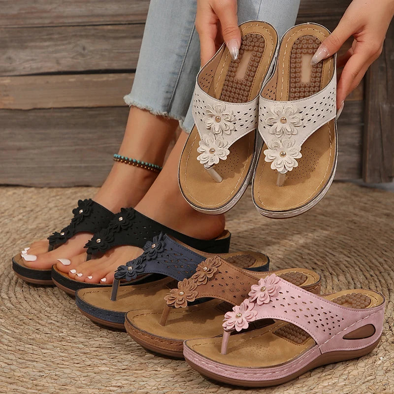 Pink Flower Wedge Heel Flip Flops Women Summer Massage Sole Clip Toe Platform Slippers Woman Light Thick Bottom Beach Sandals